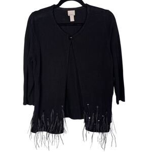 Chicos Size 1 Medium M Black Fringe and Sequin Hem Cardigan Sweater 3/4 Sleeve